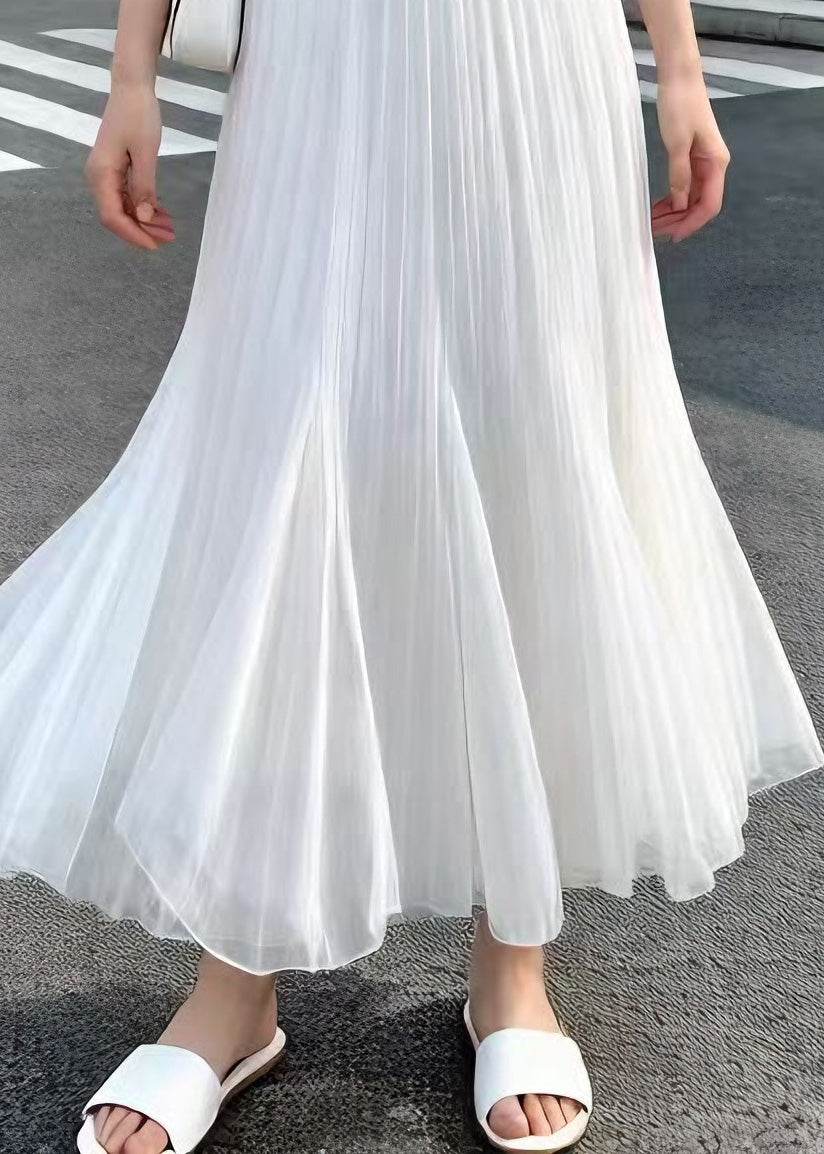 New White Wrinkled Elastic Waist Tulle Skirts Summer