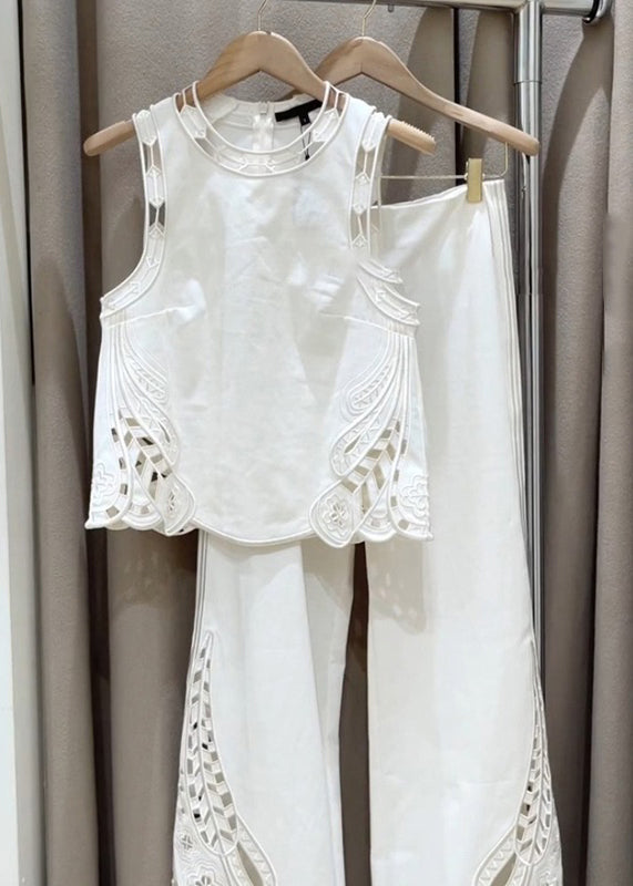 New White Zippered Hollow Out Solid Cotton Two Pieces Set Sleeveless