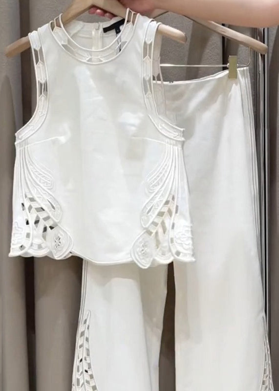 New White Zippered Hollow Out Solid Cotton Two Pieces Set Sleeveless