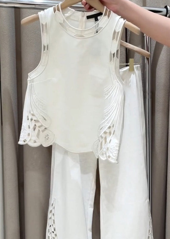 New White Zippered Hollow Out Solid Cotton Two Pieces Set Sleeveless