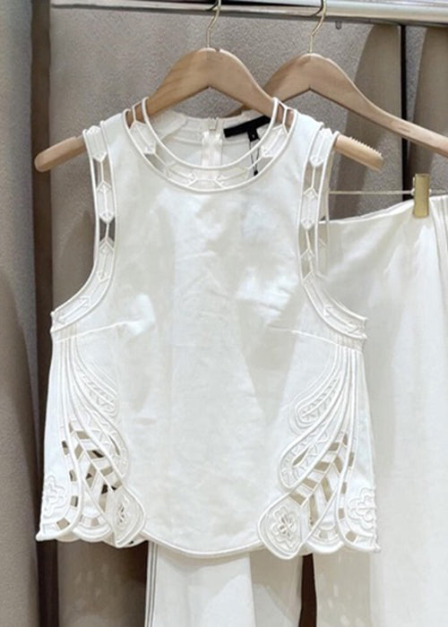 New White Zippered Hollow Out Solid Cotton Two Pieces Set Sleeveless