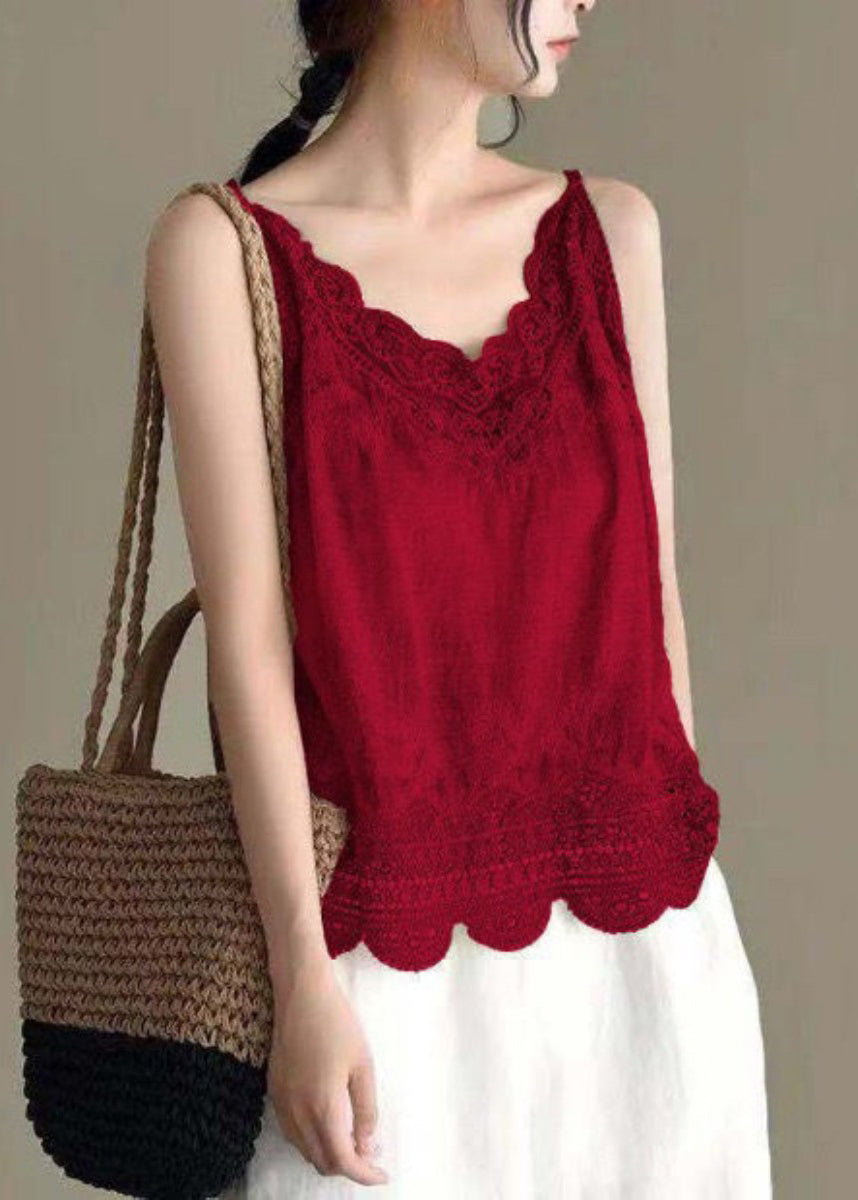 New Wine Red Hollow Out Lace Linen Spaghetti Strap Tanks Sleeveless