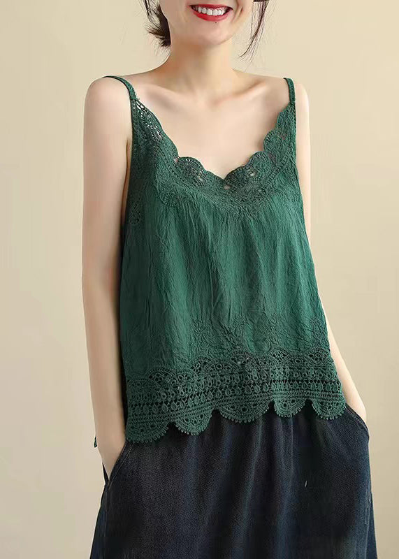 New Wine Red Hollow Out Lace Linen Spaghetti Strap Tanks Sleeveless