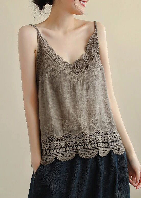 New Wine Red Hollow Out Lace Linen Spaghetti Strap Tanks Sleeveless
