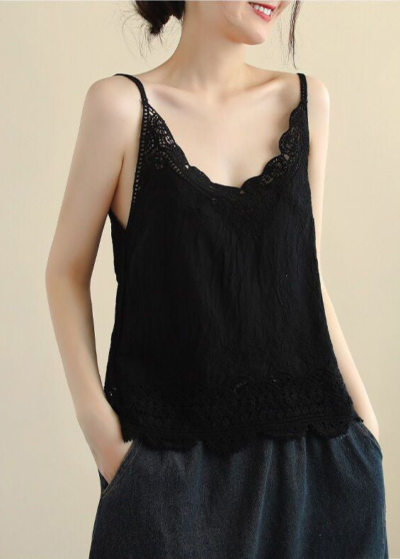 New Wine Red Hollow Out Lace Linen Spaghetti Strap Tanks Sleeveless