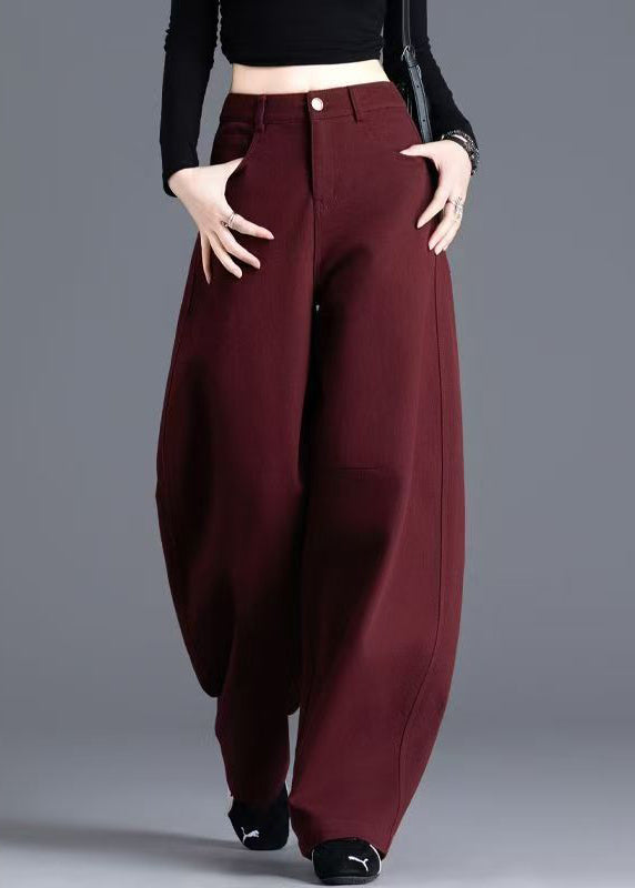 New Wine Red Pockets High Waist Denim Pants Spring