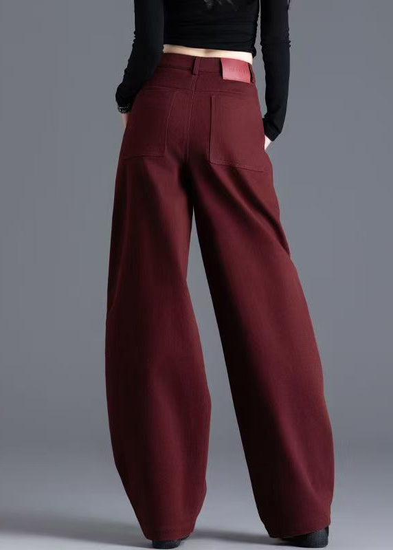 New Wine Red Pockets High Waist Denim Pants Spring