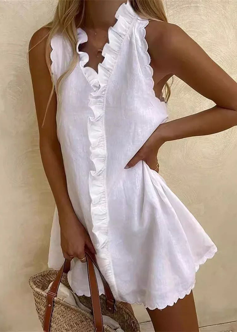 New Women Casual Cotton And Linen White Dress Summer V Neck