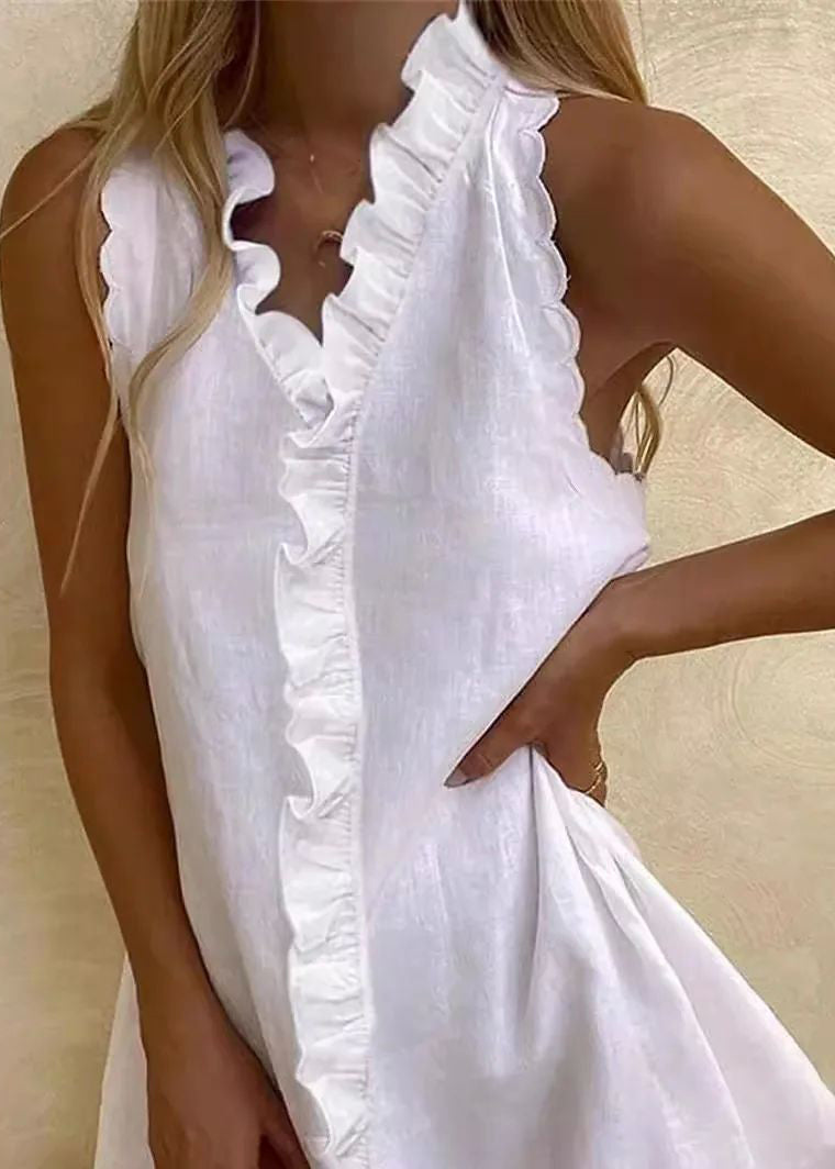 New Women Casual Cotton And Linen White Dress Summer V Neck