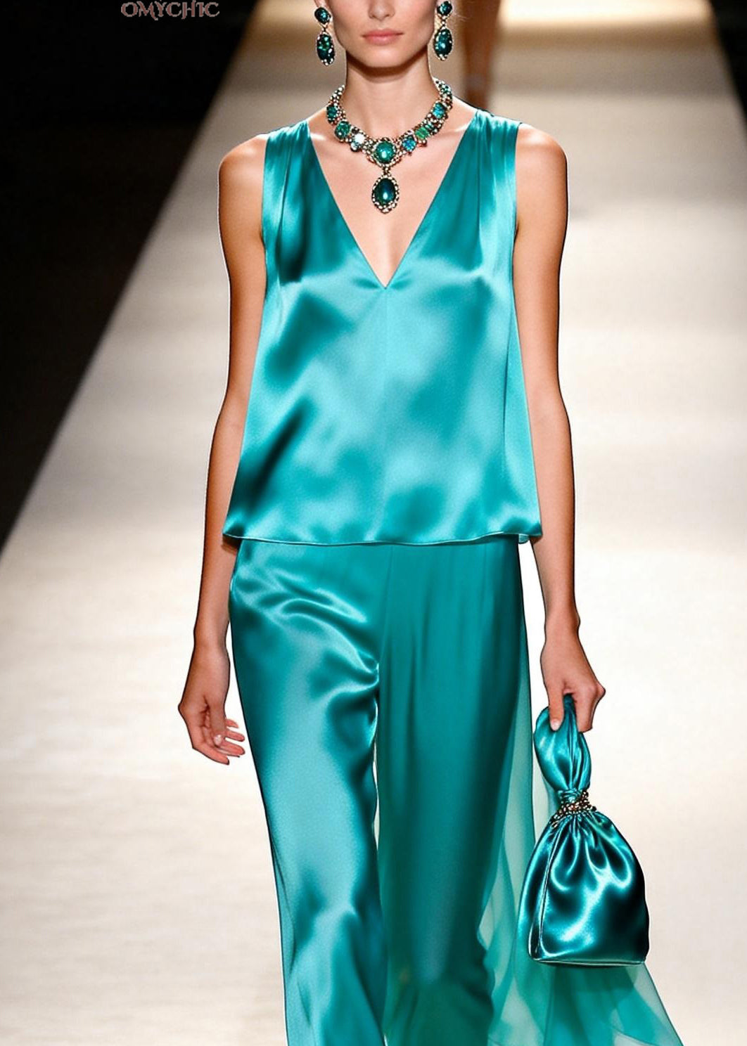 New Women V Neck Tops And Pants Silk Two Pieces Set Sleeveless