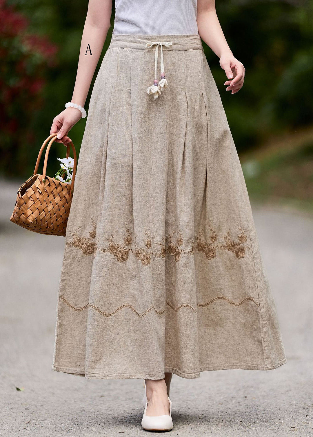 New Wrinkled Embroidered Patchwork Linen Skirt Summer