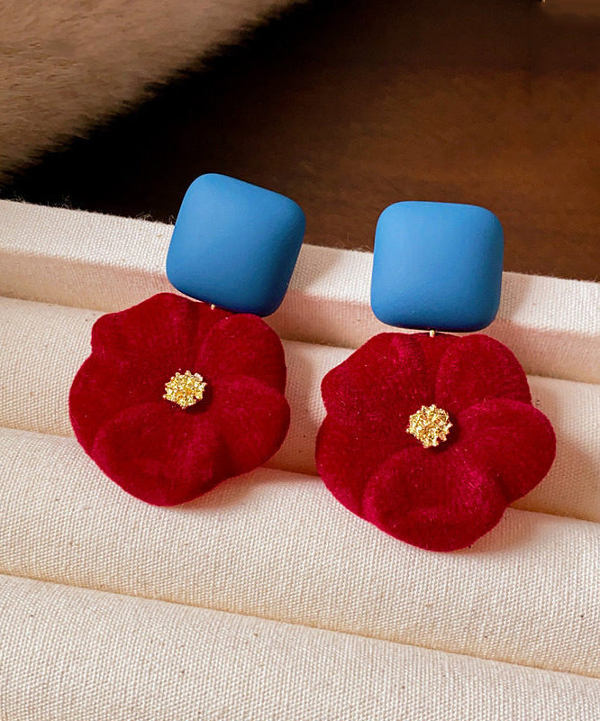 New Year Red Alloy Floral Flocking Stud Earrings