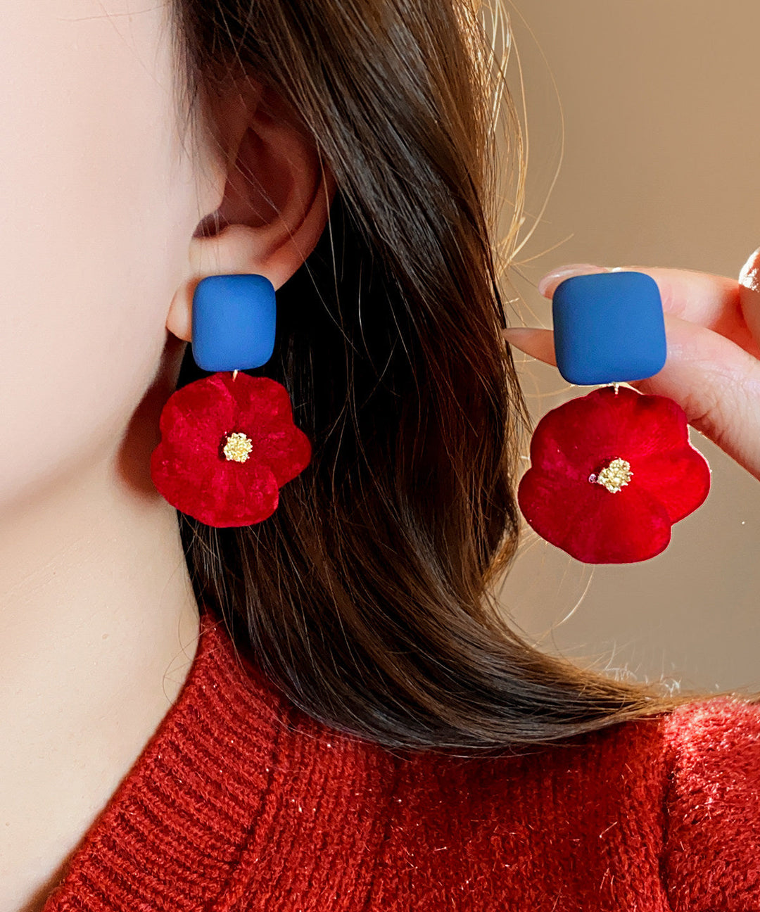New Year Red Alloy Floral Flocking Stud Earrings