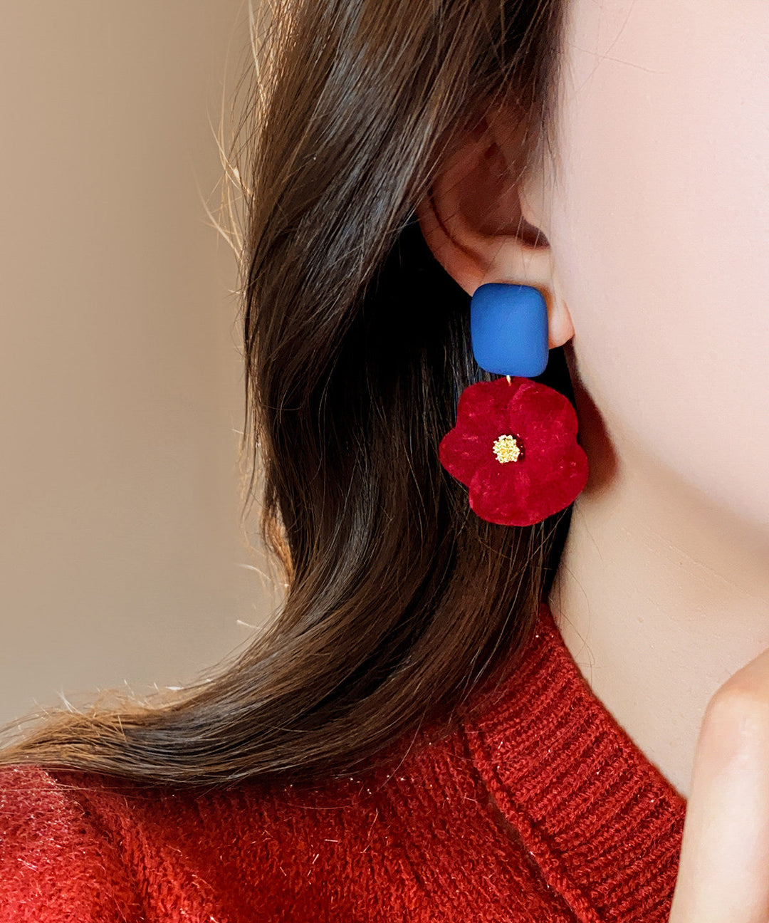 New Year Red Alloy Floral Flocking Stud Earrings