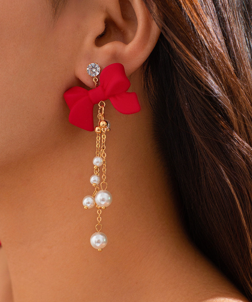 New Year Red Copper Alloy Bow Pearl Tassel Drop Earrings