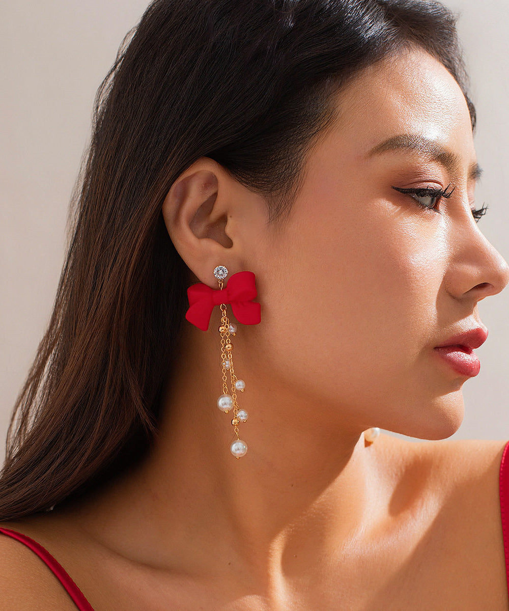 New Year Red Copper Alloy Bow Pearl Tassel Drop Earrings