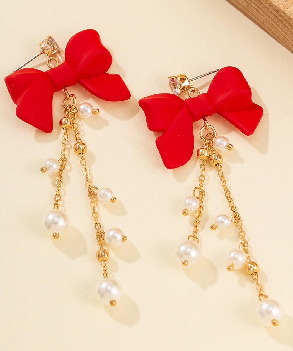 New Year Red Copper Alloy Bow Pearl Tassel Drop Earrings