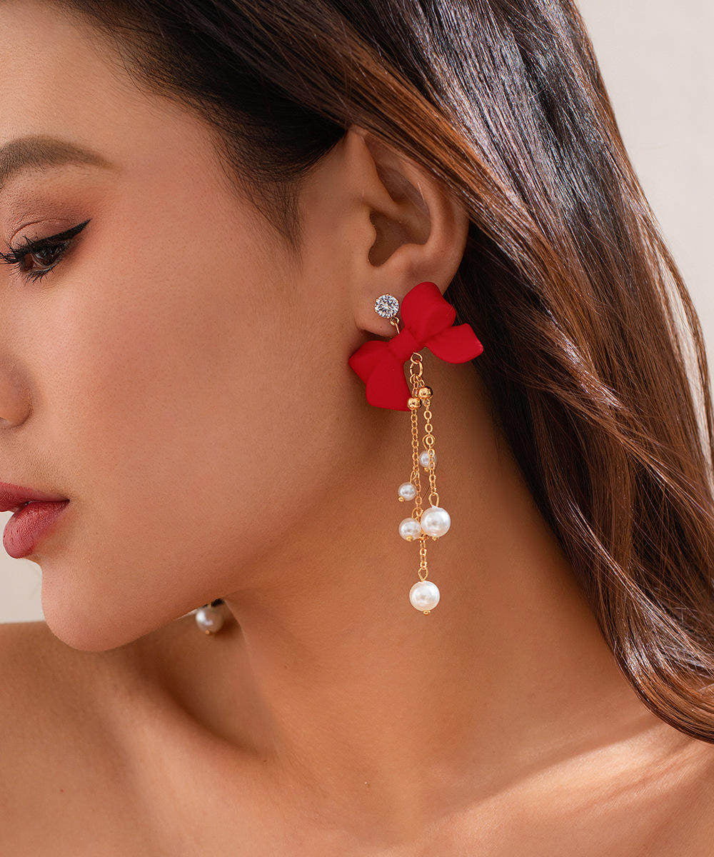 New Year Red Copper Alloy Bow Pearl Tassel Drop Earrings