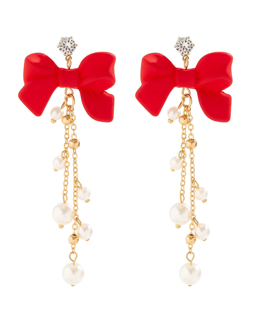 New Year Red Copper Alloy Bow Pearl Tassel Drop Earrings