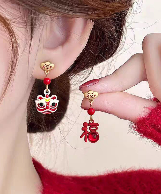 New Year Red Copper Alloy Lion Dance Asymmetrical Drop Earrings