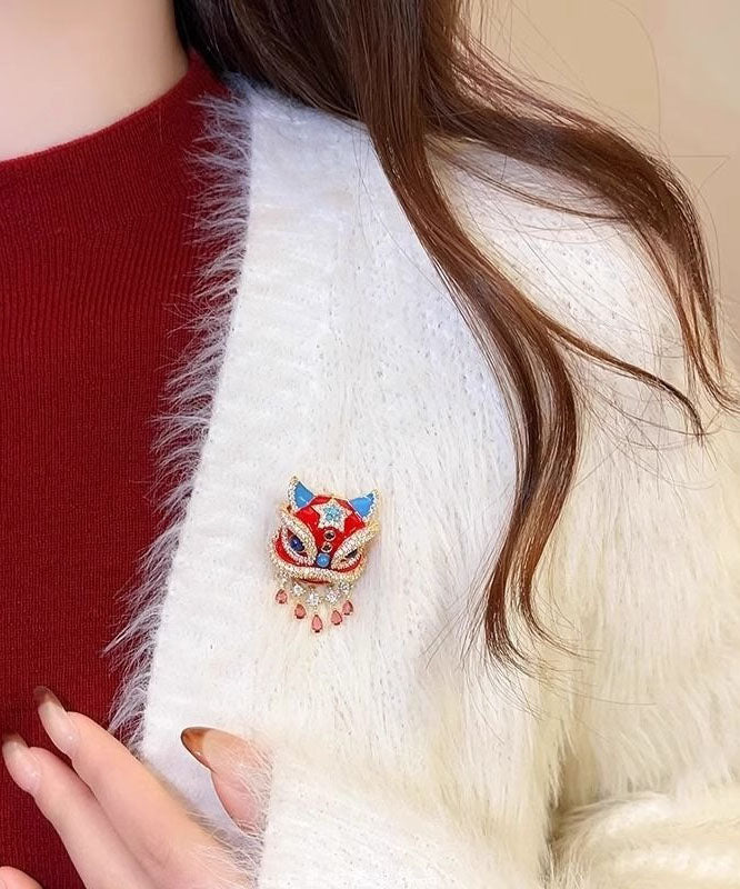 New Year Red Copper Alloy Zircon Lion Dance Tassel Brooches