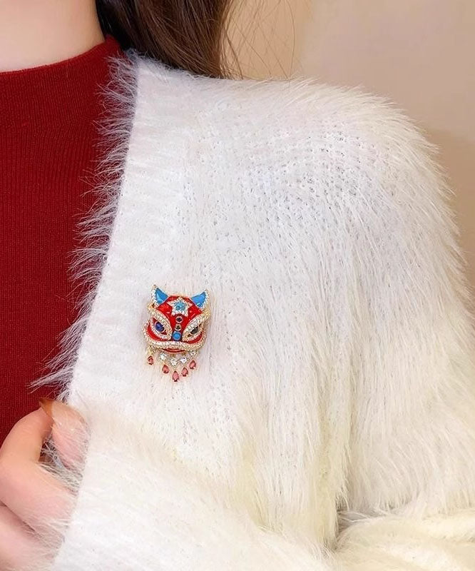 New Year Red Copper Alloy Zircon Lion Dance Tassel Brooches