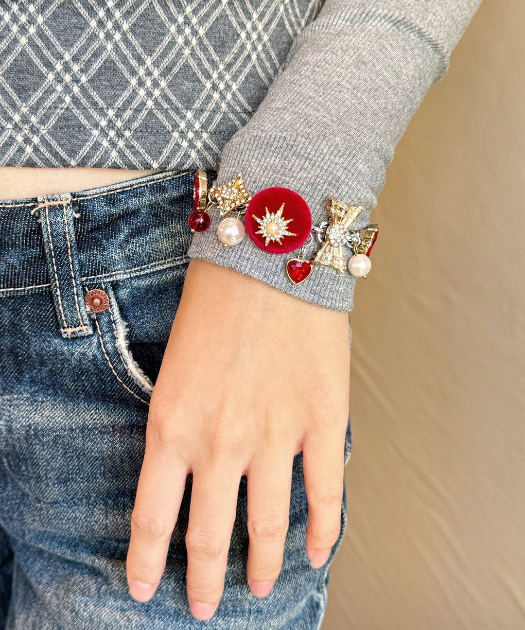 New Year Red Stainless Steel Zircon Pearl Love Charm Bracelet - Omychic