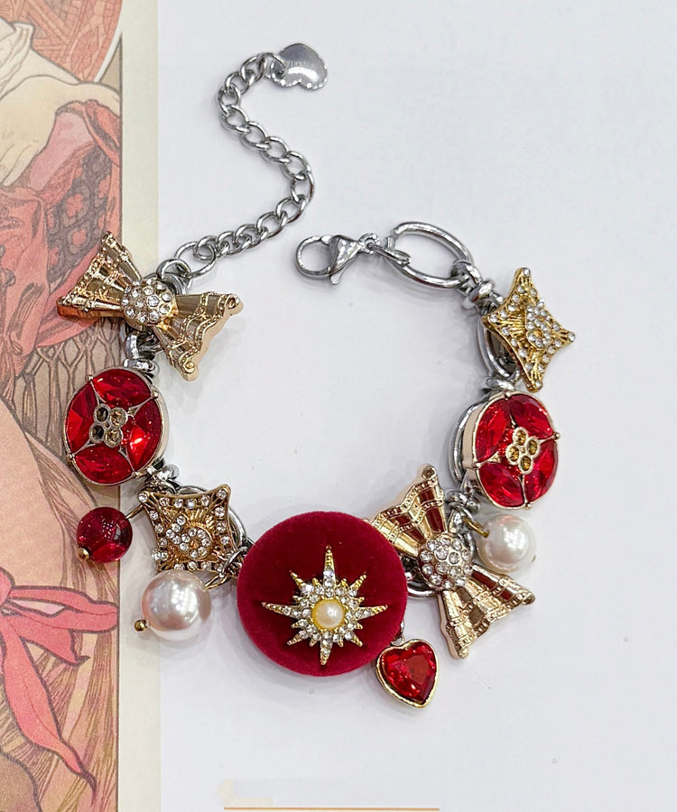 New Year Red Stainless Steel Zircon Pearl Love Charm Bracelet - Omychic