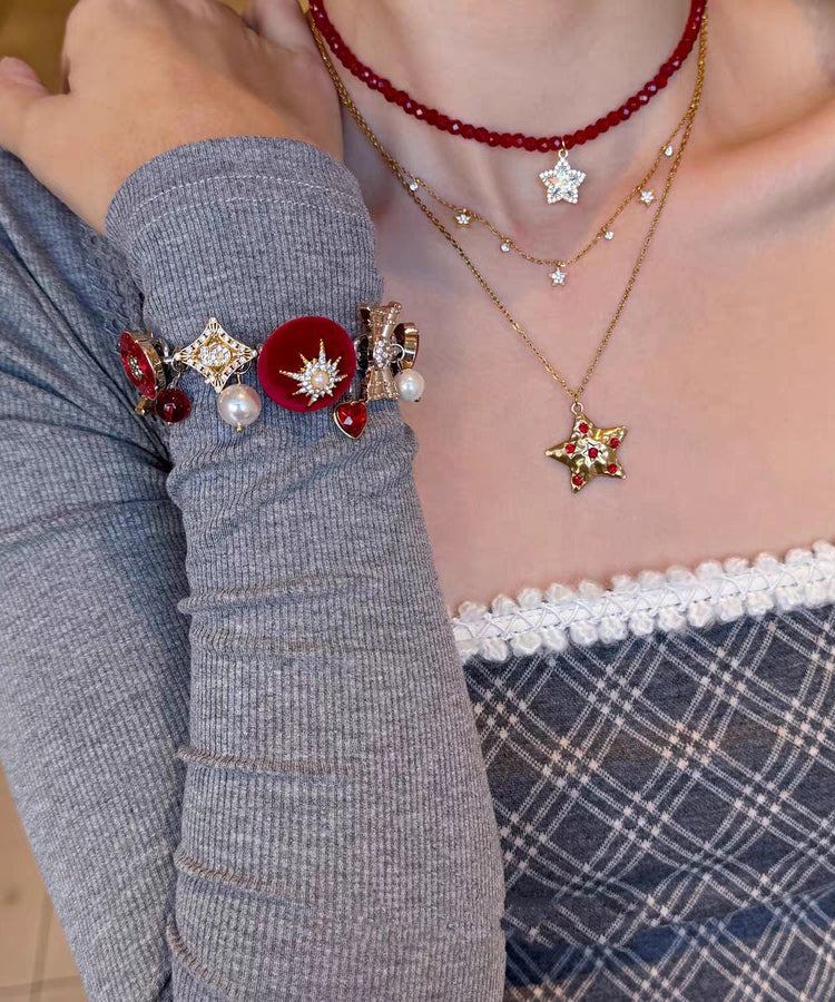 New Year Red Stainless Steel Zircon Pearl Love Charm Bracelet - Omychic