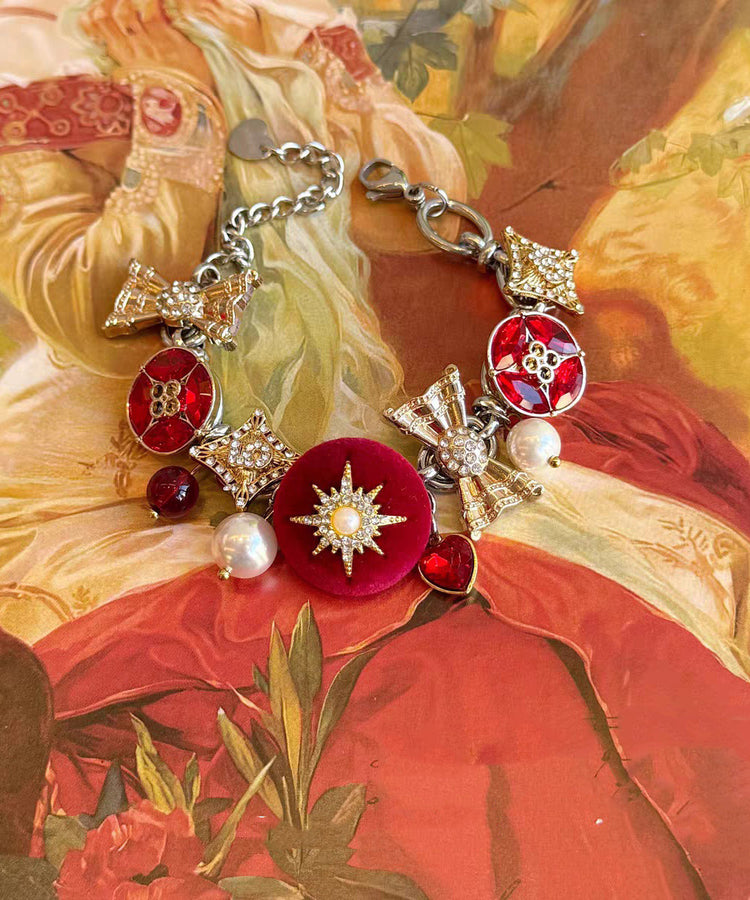 New Year Red Stainless Steel Zircon Pearl Love Charm Bracelet - Omychic