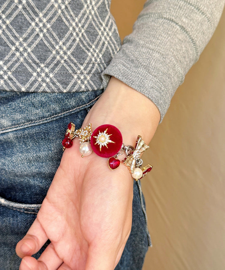 New Year Red Stainless Steel Zircon Pearl Love Charm Bracelet - Omychic