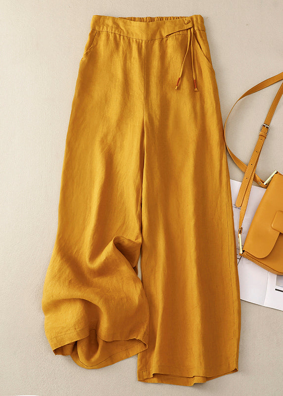 New Yellow Button High Waist Cotton Wide Leg Pants Summer