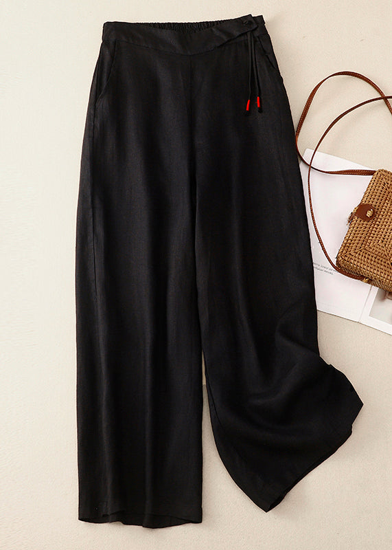 New Yellow Button High Waist Cotton Wide Leg Pants Summer