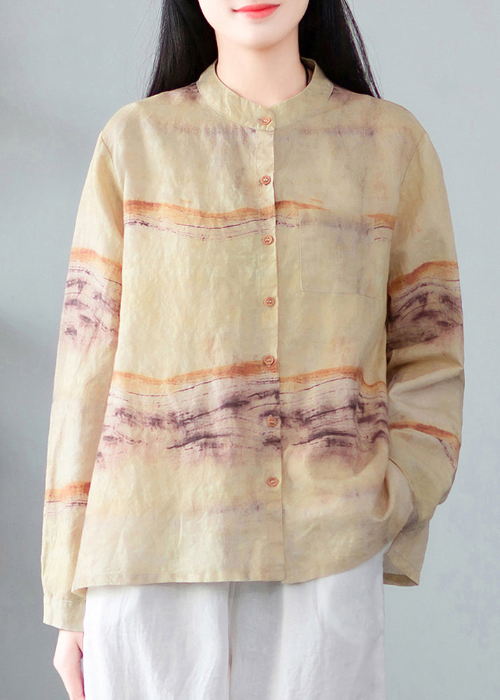 New Yellow Button Print Linen Shirt Long Sleeve