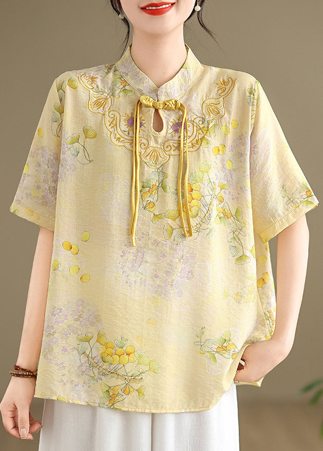 New Yellow Chinese Button Print Cotton Shirts Summer