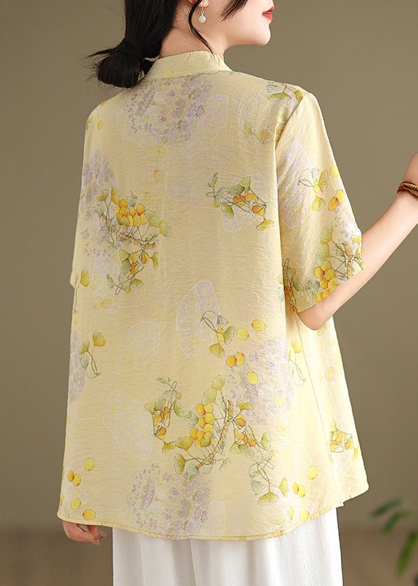 New Yellow Chinese Button Print Cotton Shirts Summer