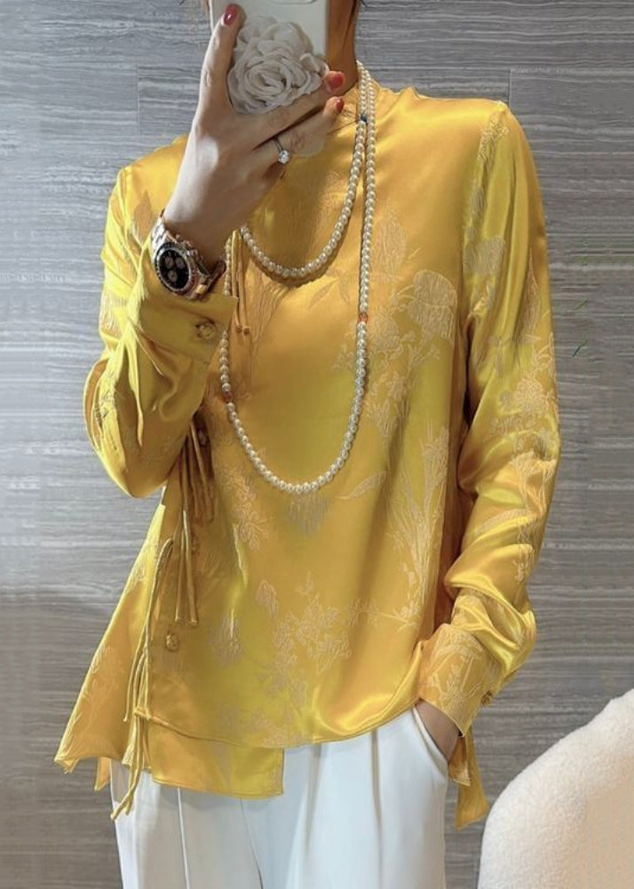 New Yellow Chinese Button Print Silk Blouses Spring