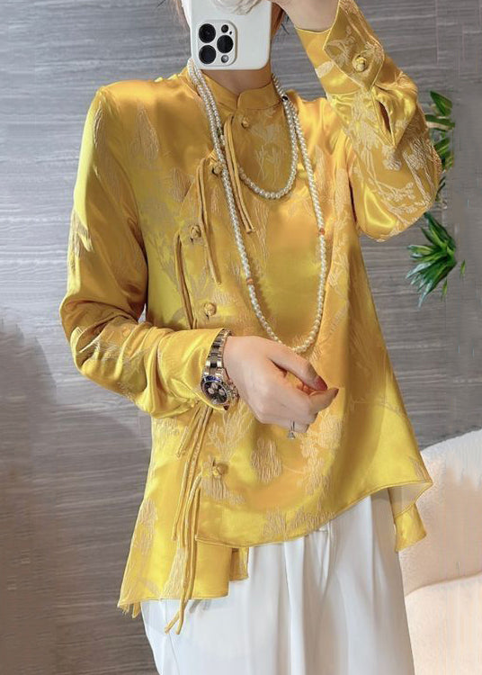 New Yellow Chinese Button Print Silk Blouses Spring