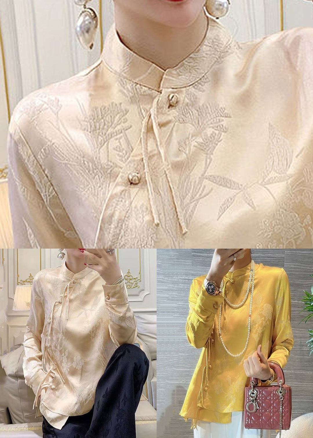 New Yellow Chinese Button Print Silk Blouses Spring