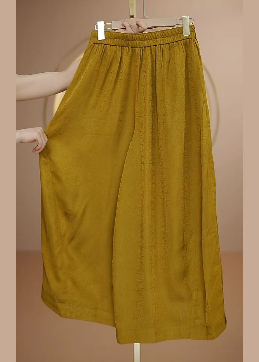 New Yellow Elastic Waist Silk Wide Leg Pants Fall