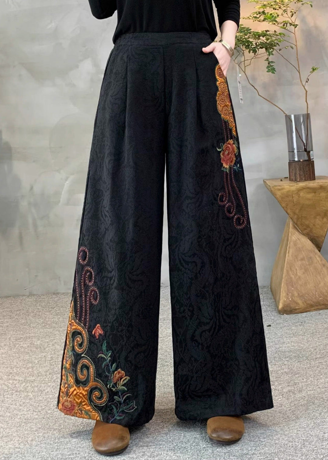 New Yellow Embroidered Pockets Warm Fleece Pants Winter