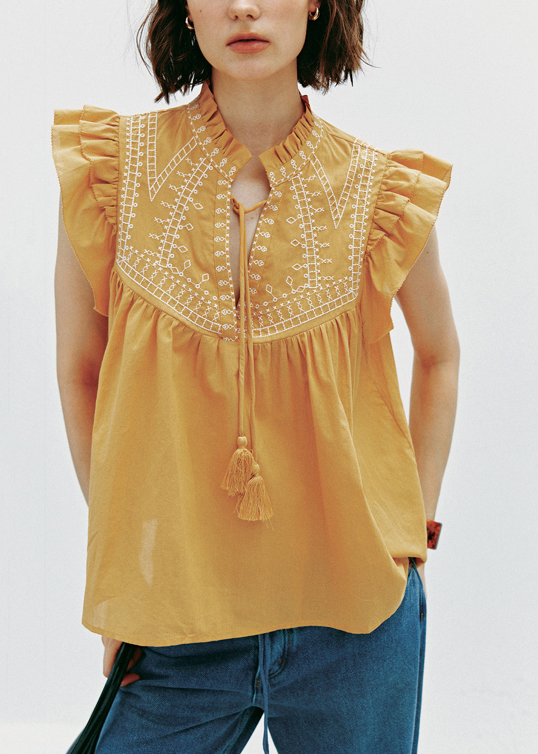 New Yellow Embroidered Tassel Cotton Top Butterfly Sleeve