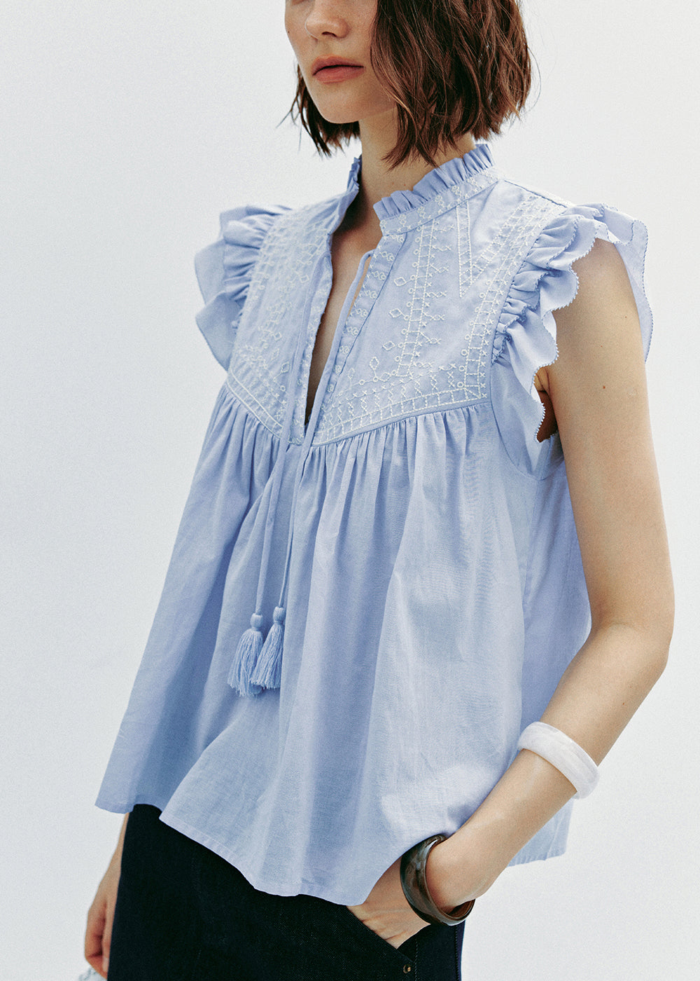 New Yellow Embroidered Tassel Cotton Top Butterfly Sleeve