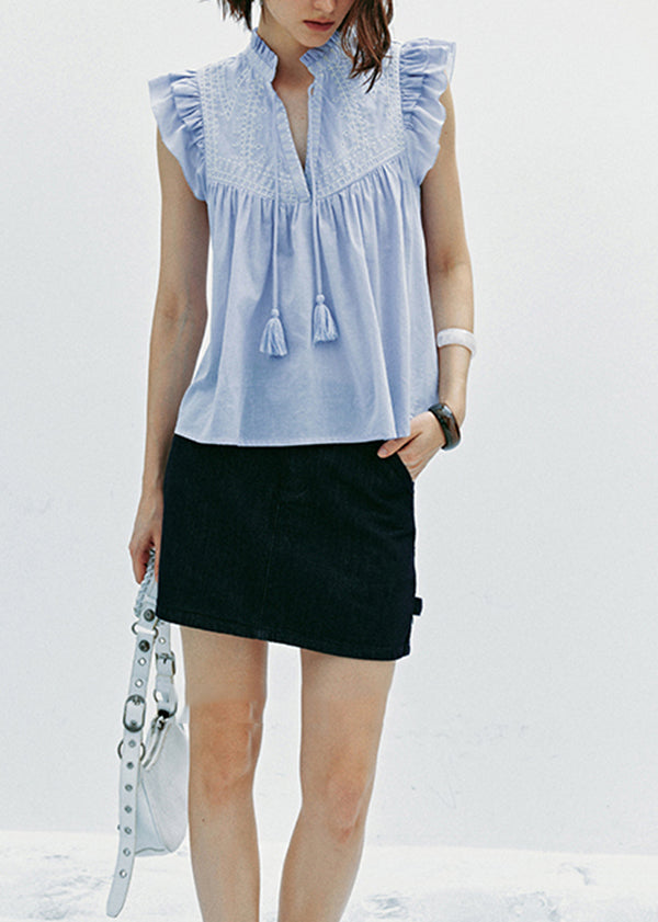 New Yellow Embroidered Tassel Cotton Top Butterfly Sleeve