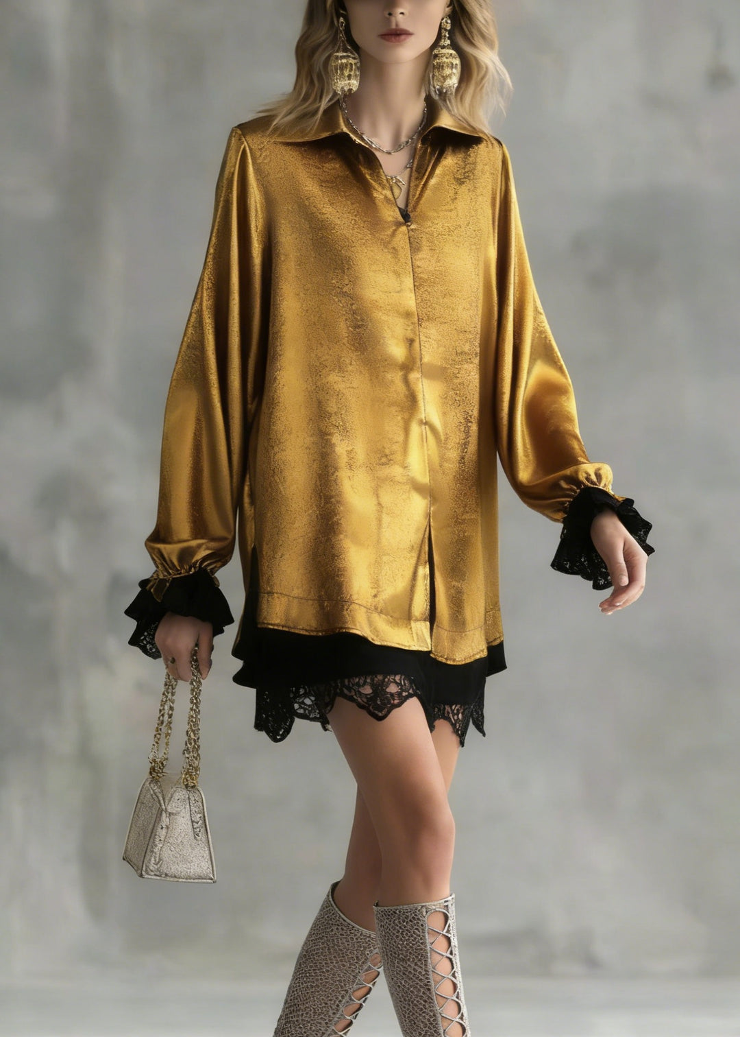 New Yellow Peter Pan Collar Lace Patchwork Silk Top Spring