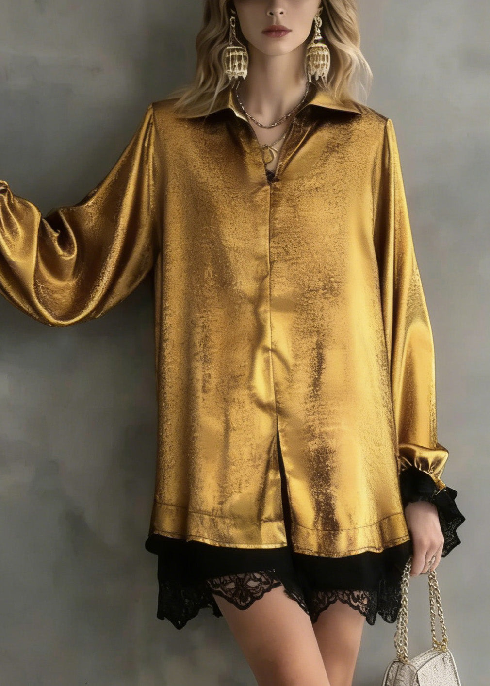 New Yellow Peter Pan Collar Lace Patchwork Silk Top Spring