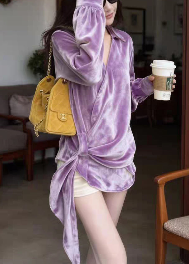 New Yellow Peter Pan Collar Solid Silk Velour Shirt Spring