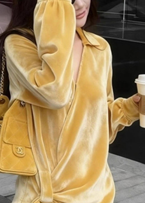 New Yellow Peter Pan Collar Solid Silk Velour Shirt Spring