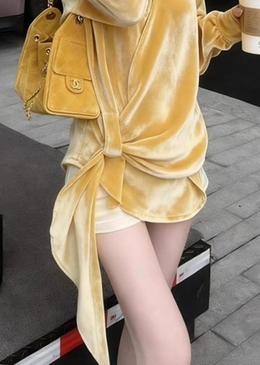 New Yellow Peter Pan Collar Solid Silk Velour Shirt Spring