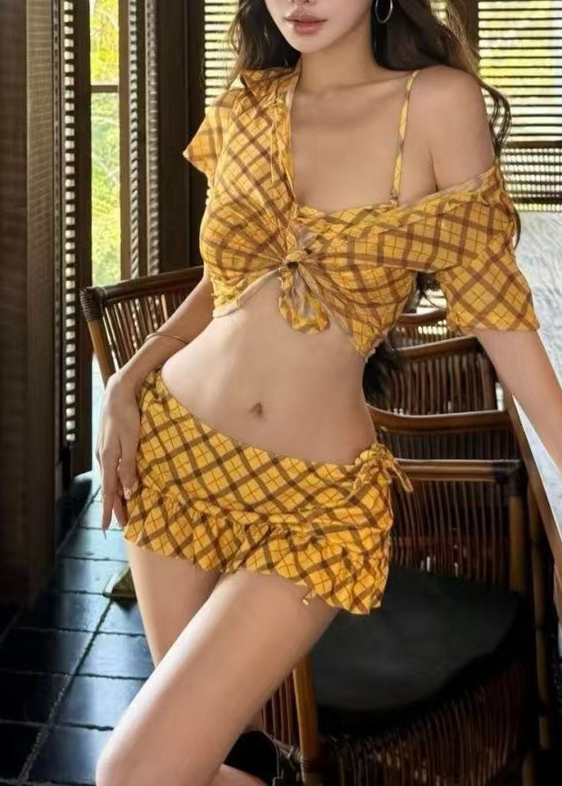 New Yellow Plaid Swimwear Two Piece Set Women Clothing